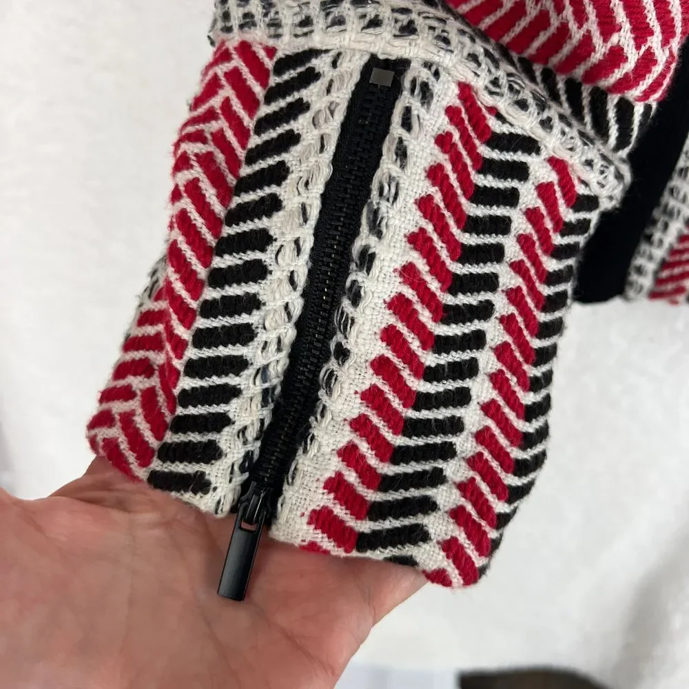 CHICOS Red‎ Black Asymmetrical Full Zip Textured Bold Moto Sofia Cardigan Size 2